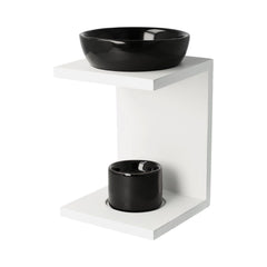 Eleuthia (Matt White) Wooden Oil Burner - Gloss Black Ceramic - 1 of